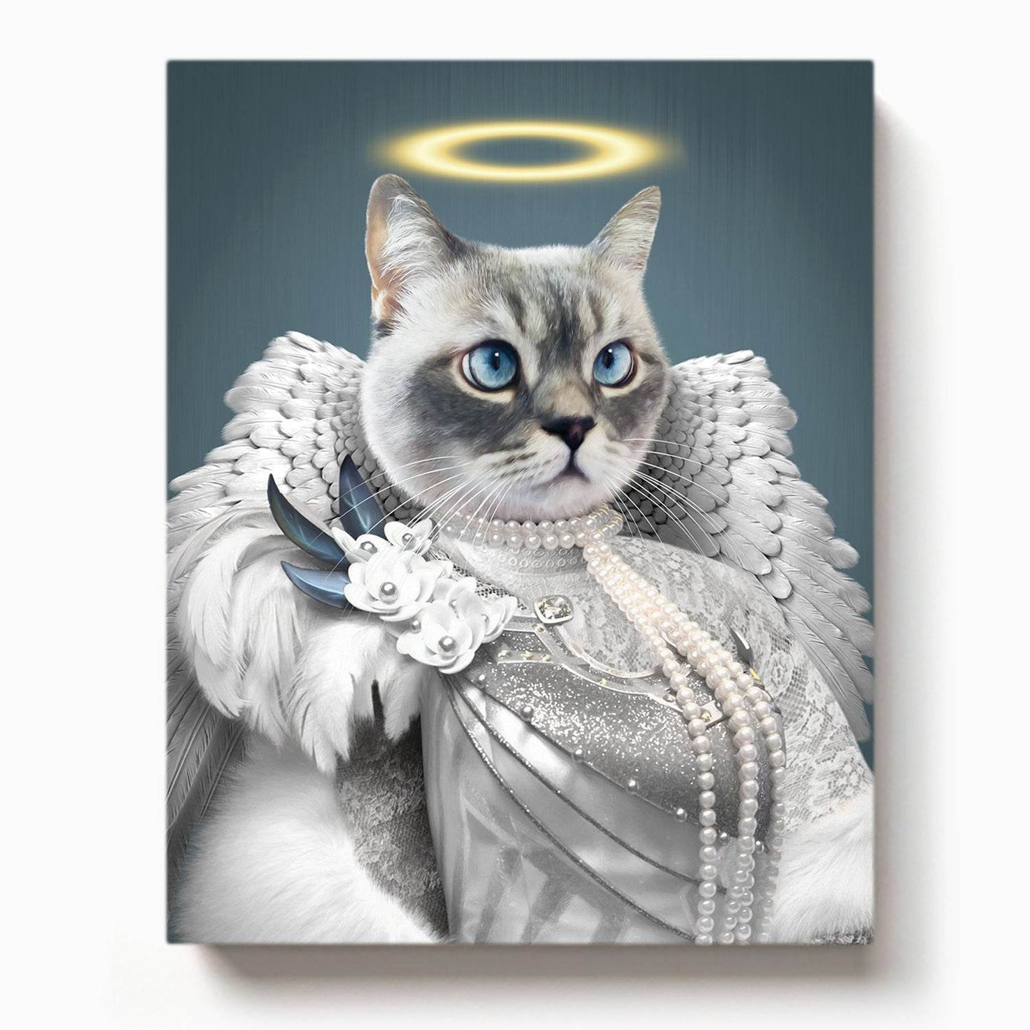 Elegant cat with a glowing halo, pearl necklace, silver gown, and feathered angel wings in a divine portrait