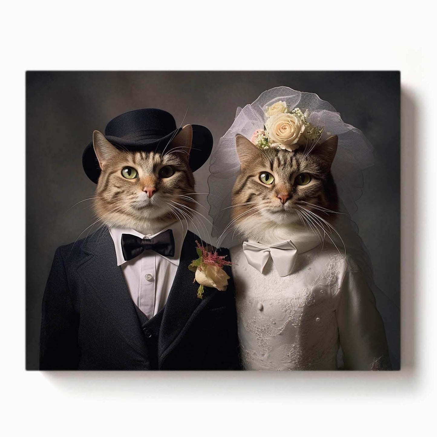 two cats dressed as a bride and groom in wedding outfits with flowers and formal attire