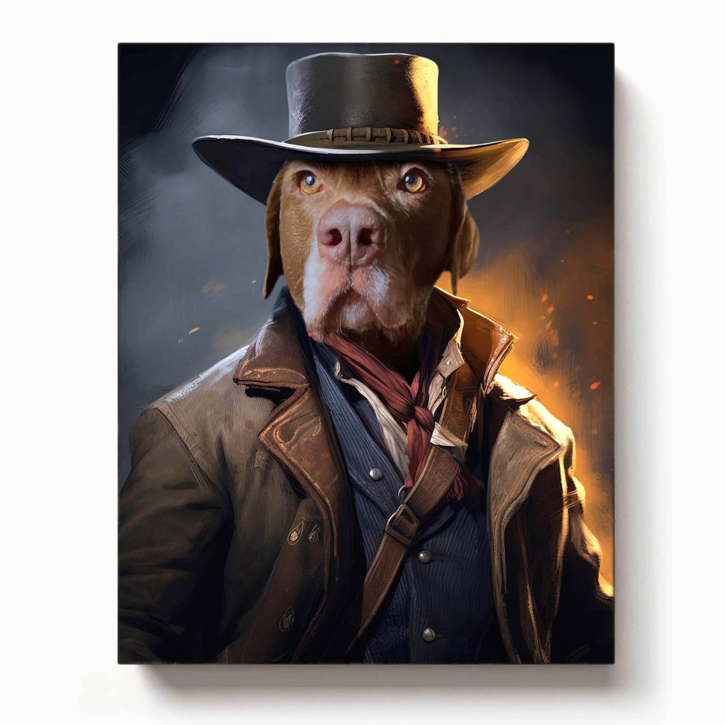 brown dog dressed as a cowboy in a western coat and hat with a red bandana