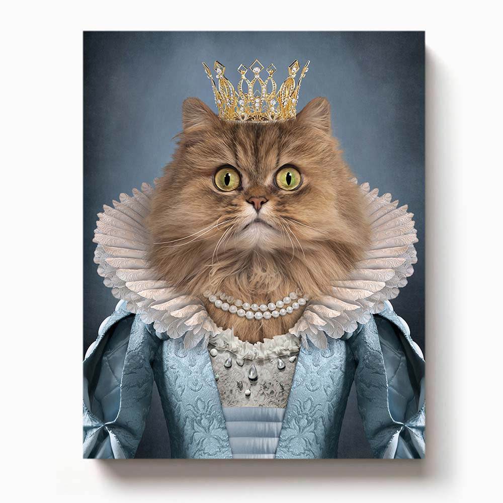 Custom pet portrait created from a photo, featuring a dog or cat in royal costume or themed outfit, personalized artwork for pet lovers and gifts.