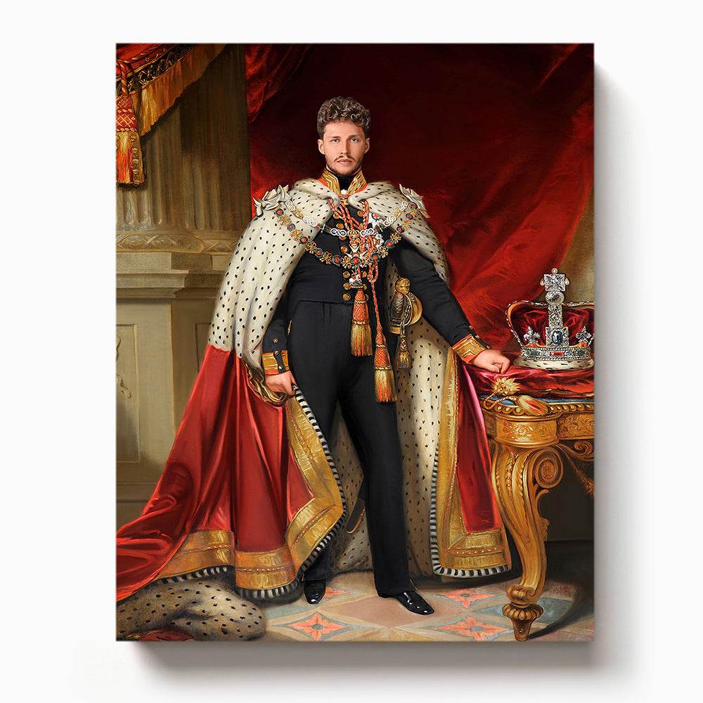 Man in regal coronation robe and ornate military uniform standing beside crown on a decorative table