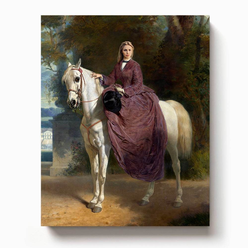 Victorian-style woman in a long burgundy dress sitting side-saddle on a white horse in a forested estate setting