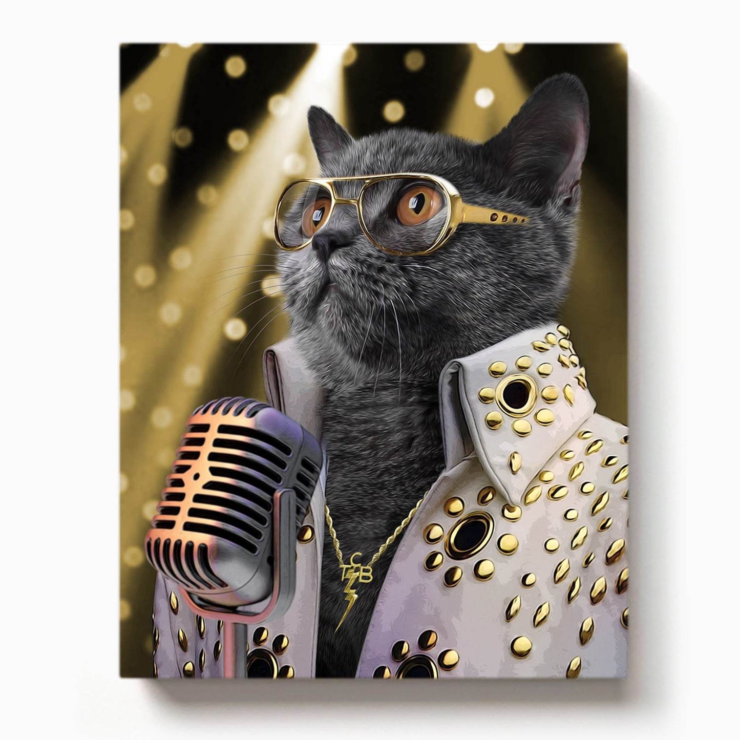 Cat dressed as Elvis Presley with gold-studded outfit, vintage microphone, and spotlight background