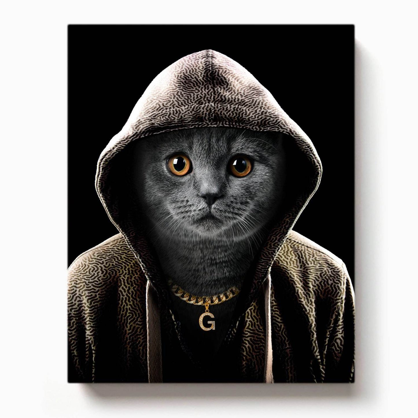 Grey cat in a hoodie with a gold chain and letter G pendant, set against a black background in a streetwear-inspired portrait