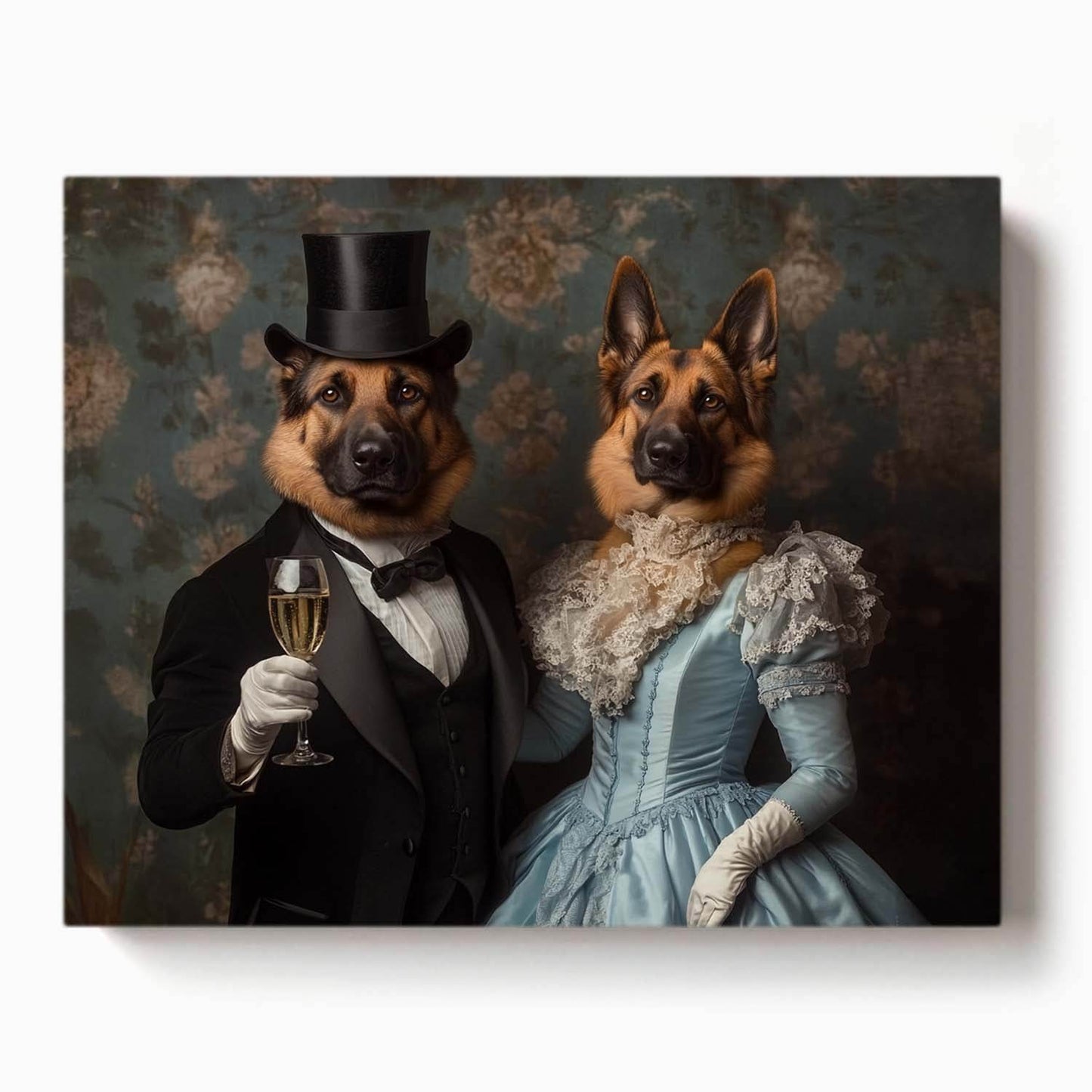 german shepherd dog couple in formal victorian outfits with tuxedo and lace gown