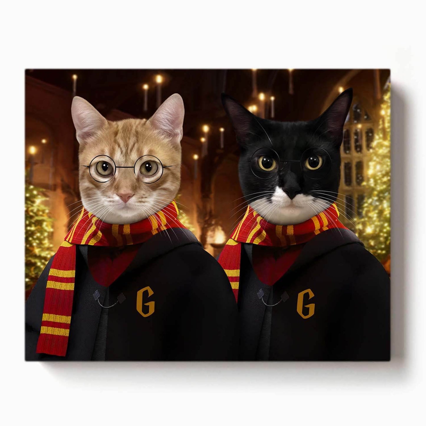 Two cats dressed in Gryffindor robes and scarves with glasses, set in a festive magical hall