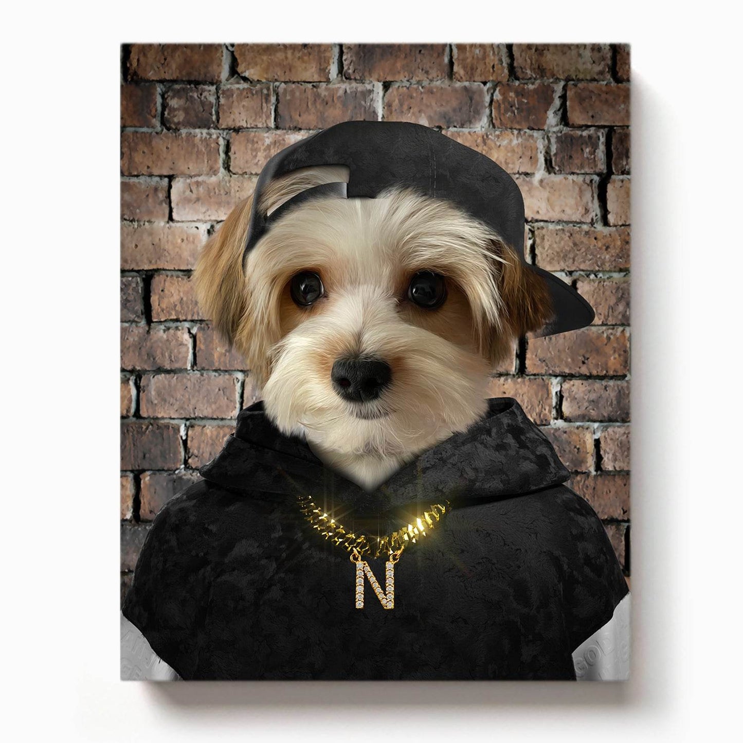 Small dog dressed in a black hoodie and backwards cap with a sparkling gold N chain, standing against a brick wall background