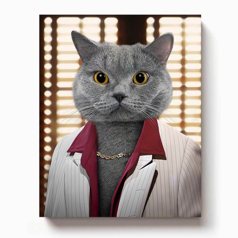 Gray cat dressed in a white pinstripe suit with a gold chain and maroon collar, posing like a mafia boss in a dramatic backlit room