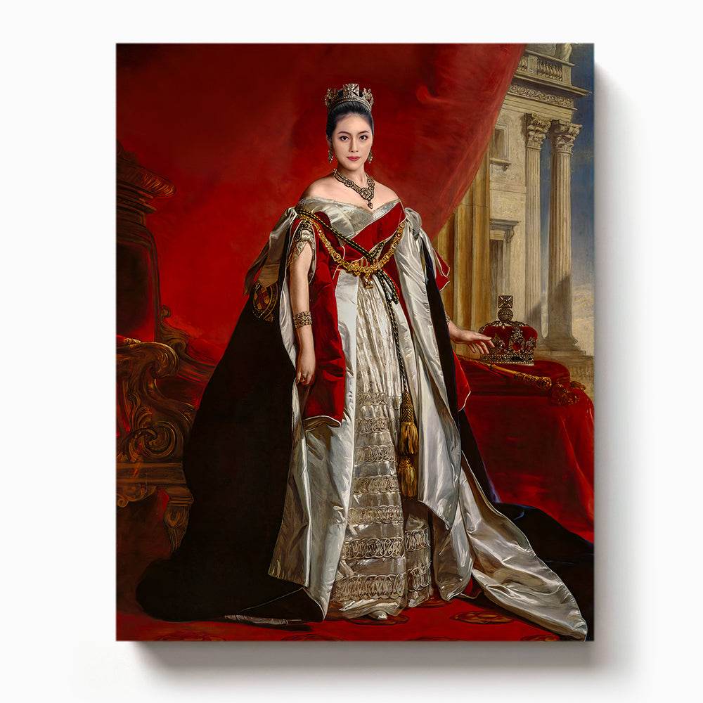 Modern woman styled as a queen in luxurious royal attire with crown and regalia, standing beside a throne and red velvet drapery