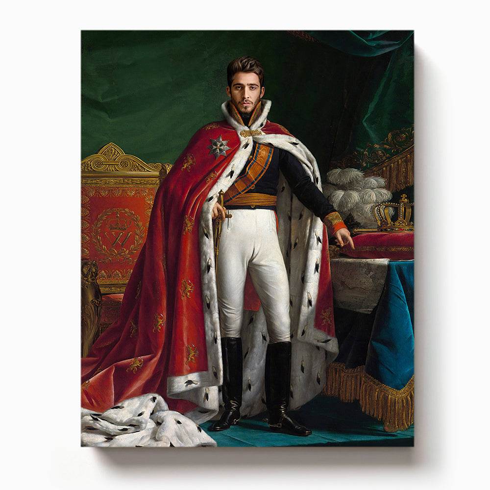 Custom royal portrait of a modern man dressed in a red velvet cloak and white regal attire standing in a luxurious throne room