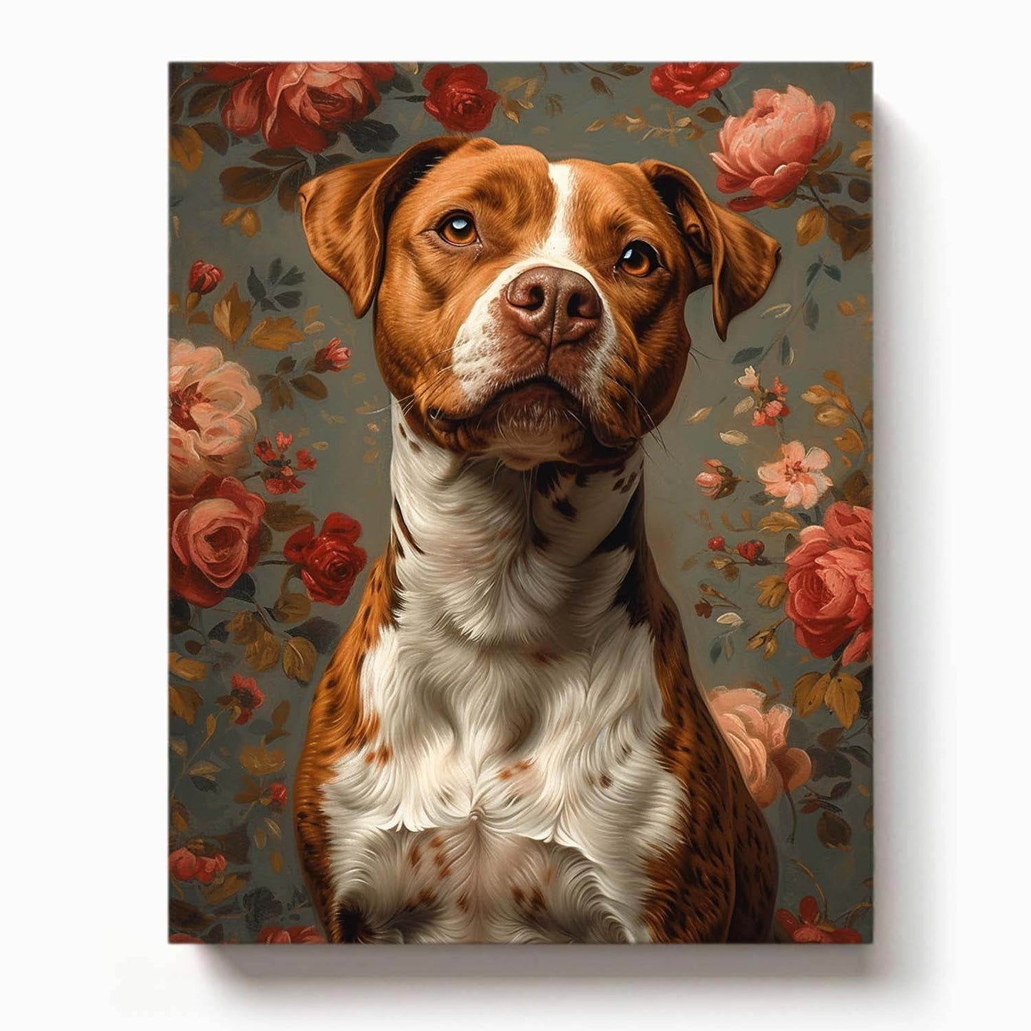 Brown and white pit bull sitting against a vintage-style floral rose wallpaper backdrop, gazing upward with a soft and noble expression