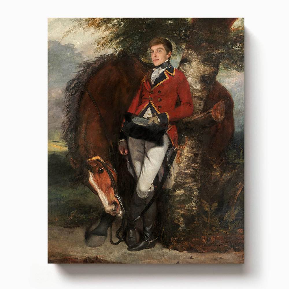 Young nobleman in a red military-style coat leaning against a horse under a tree in a classical portrait