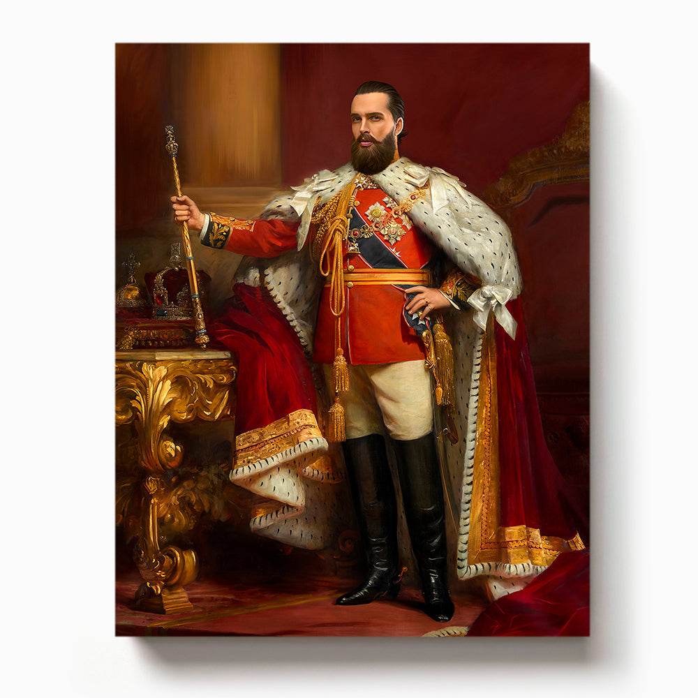 Custom portrait of a bearded man as a royal king in red and gold ceremonial robes holding a scepter