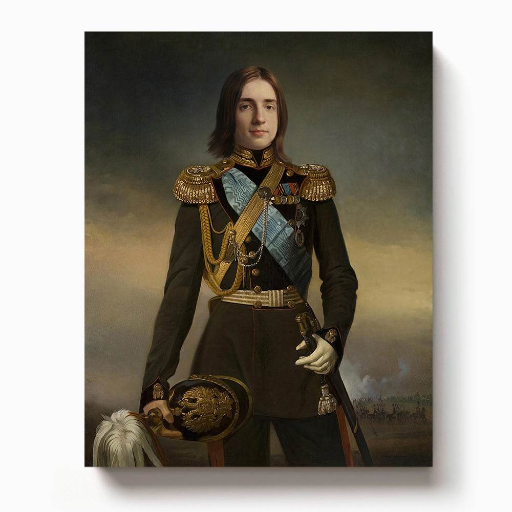 Custom portrait of a young man in royal military uniform holding helmet and sword with battlefield in background