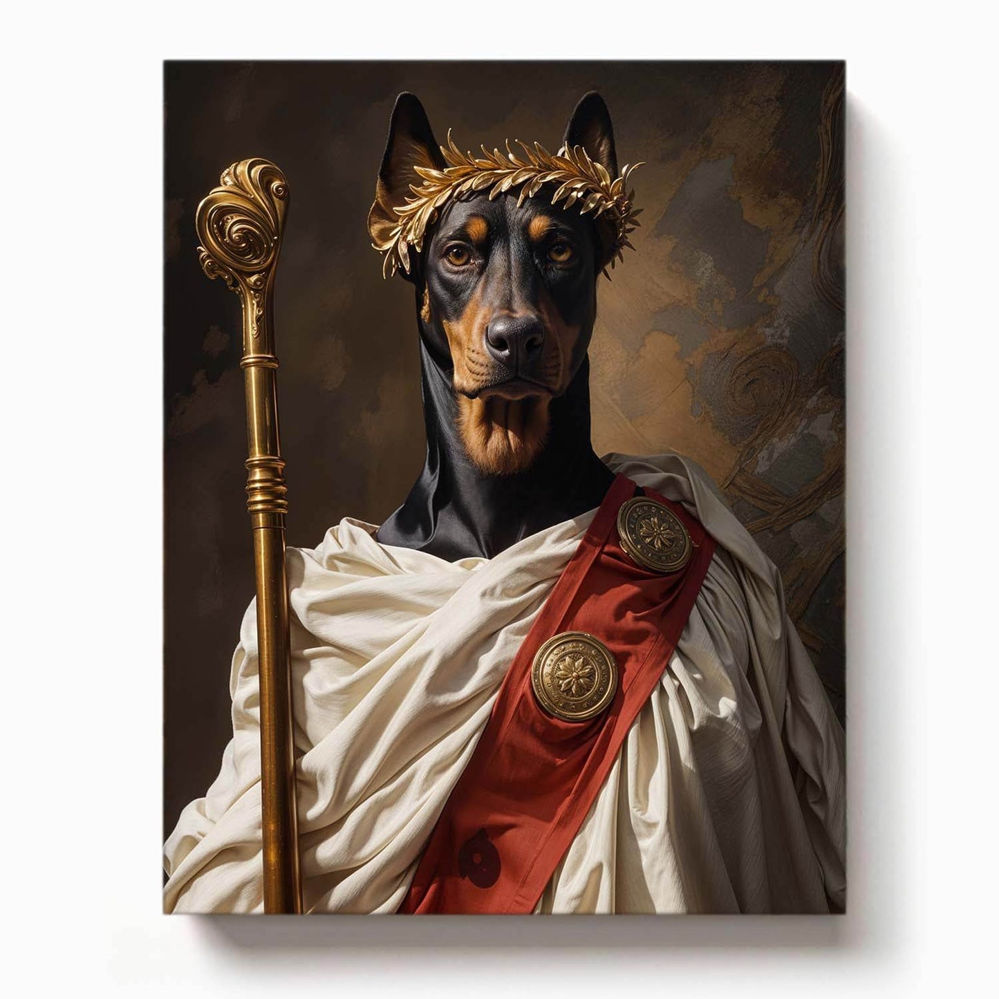 Doberman dressed as a Roman emperor wearing a laurel crown, white toga with red sash and holding a golden scepter