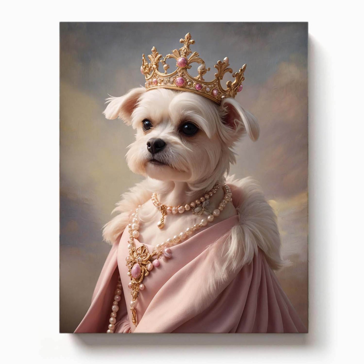 Elegant white Maltese dog dressed in a blush pink gown with layered pearl necklaces and a gold crown adorned with pink jewels, styled in a classic royal portrait setting