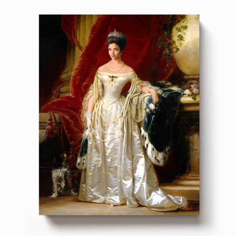 Royal woman in a shimmering white gown and tiara, standing in a classical palace interior with red drapes and a small dog nearby