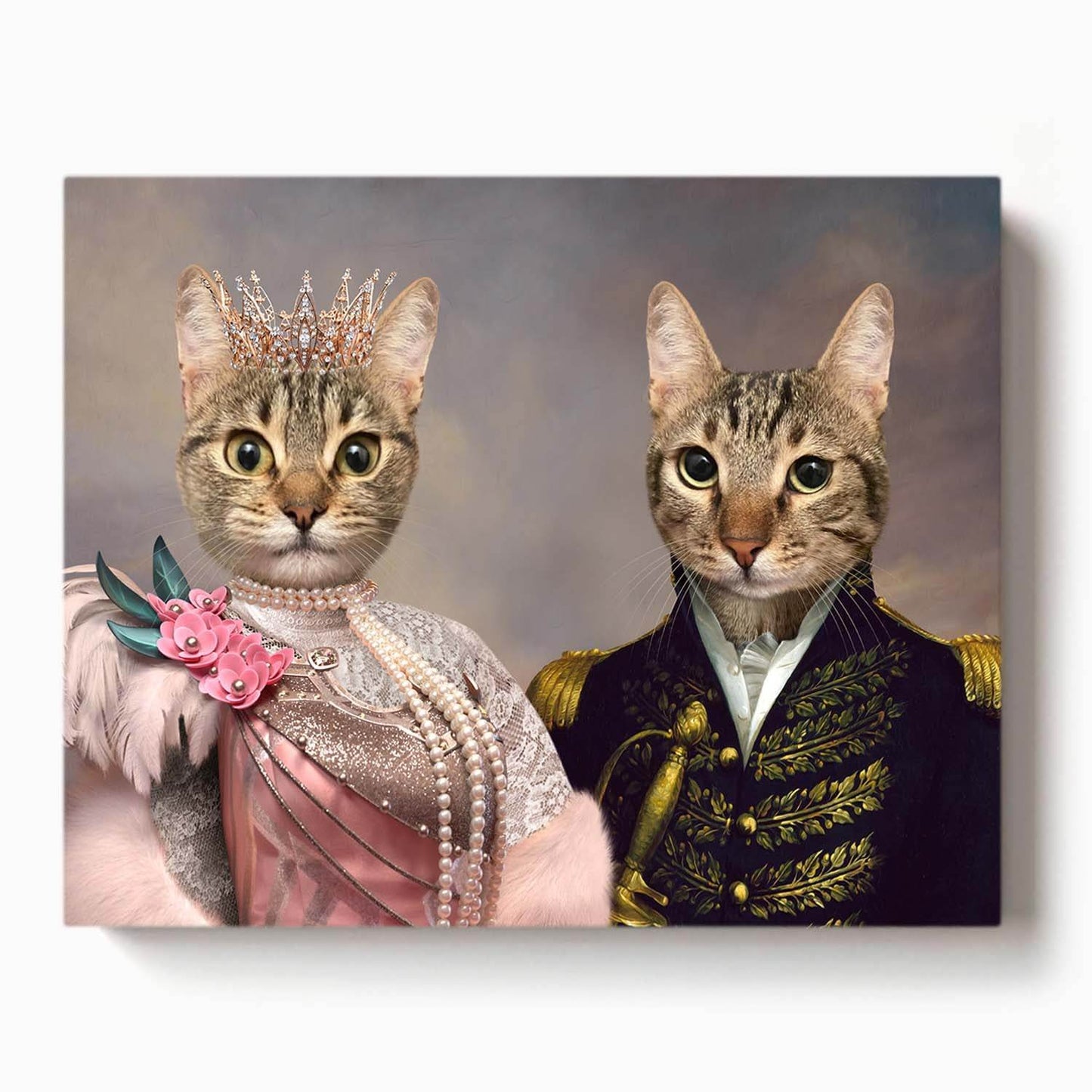 tabby cat couple dressed in royal vintage attire with crown, pearls, and military uniform