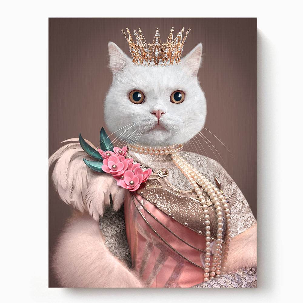 White cat wearing a jeweled crown and elegant pink dress adorned with pearls and floral accessories