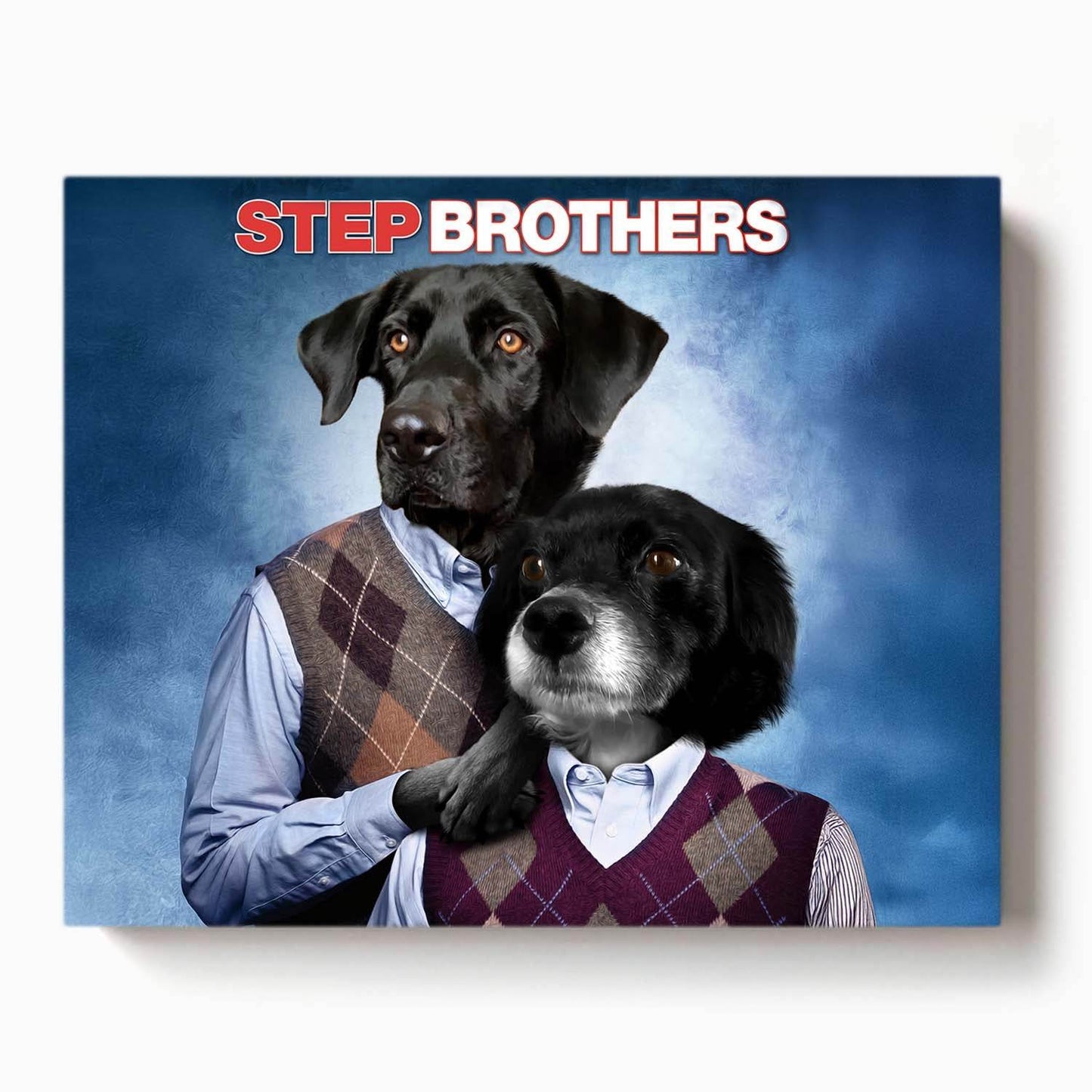two dogs dressed as movie characters in Step Brothers parody poster wearing argyle sweater vests