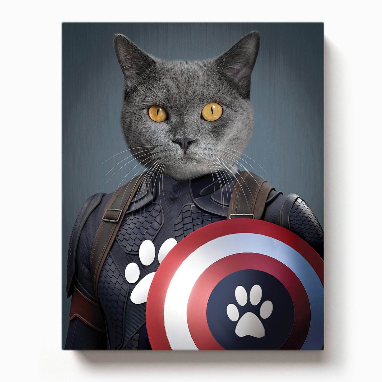 Grey cat dressed as a superhero holding a paw-printed Captain America-style shield against a blue backdrop