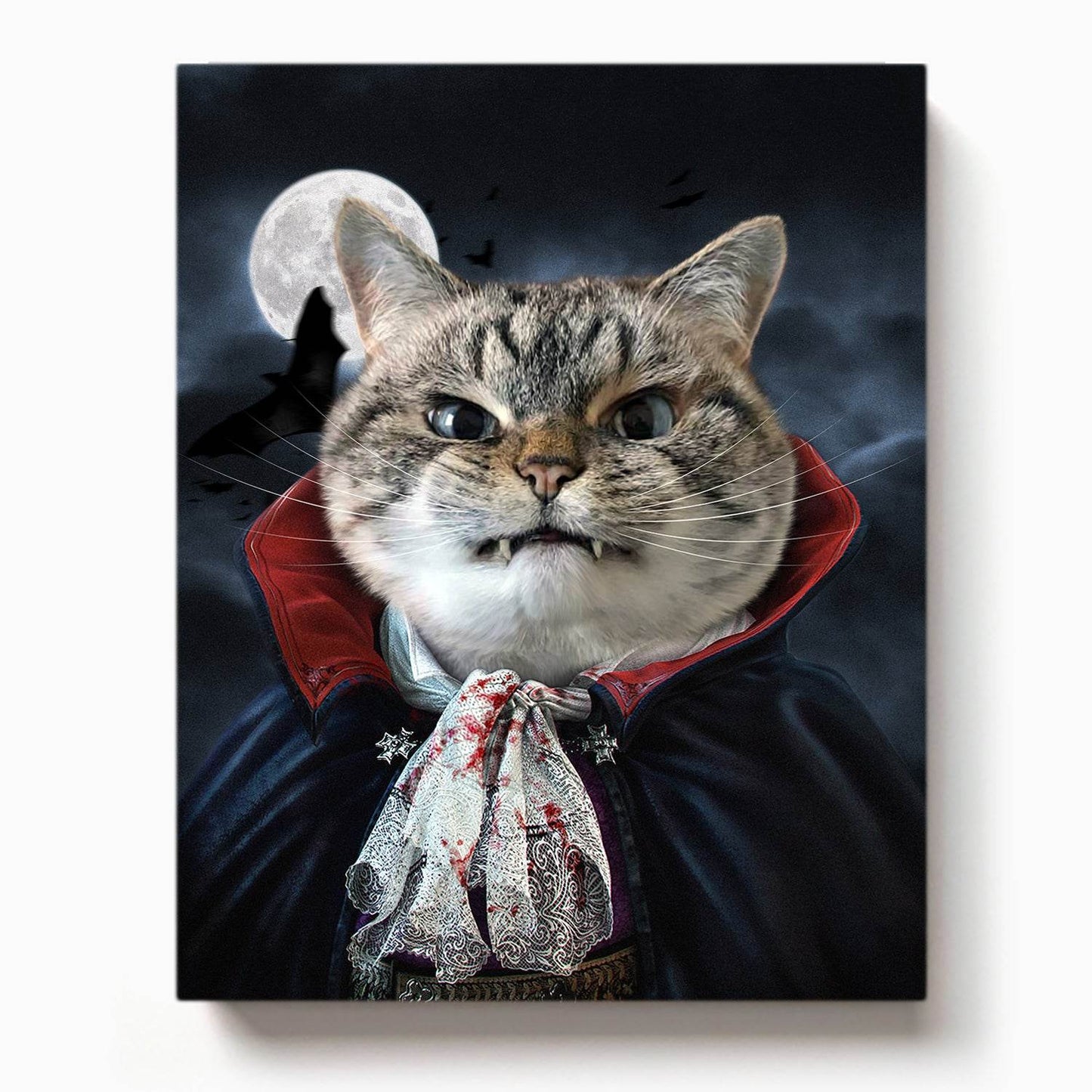 Grey tabby cat dressed as a vampire with fangs and a blood-stained lace cravat, standing under a full moon