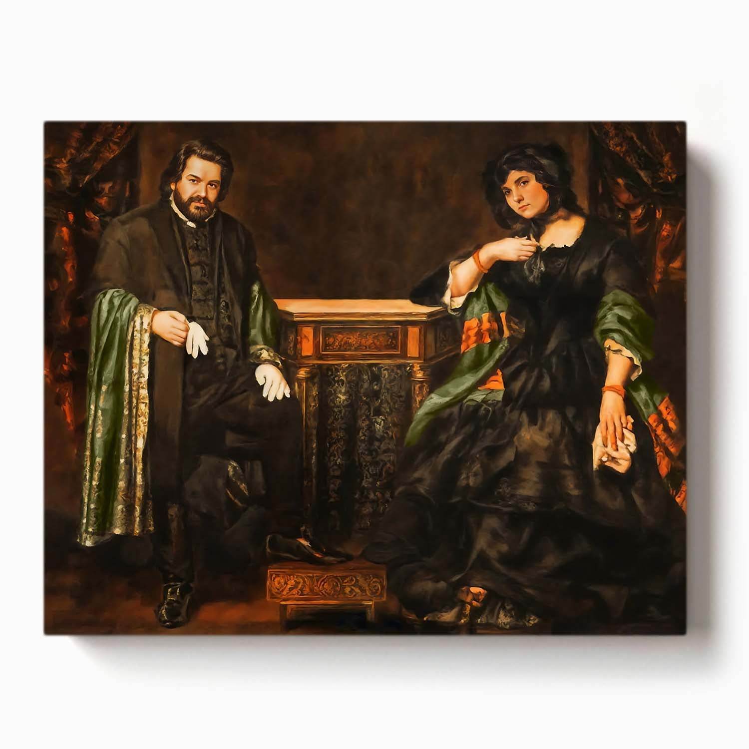 Personalized vampire couple portrait inspired by Nadja and Laszlo from What We Do in the Shadows, custom artwork created from your photo.

