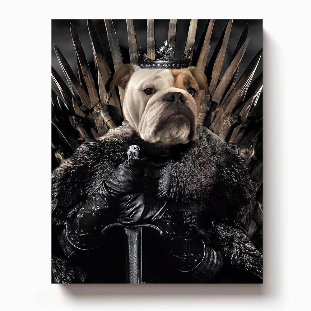 Bulldog dressed as a medieval king seated on a sword throne with a fur cloak and crown, holding a sword

