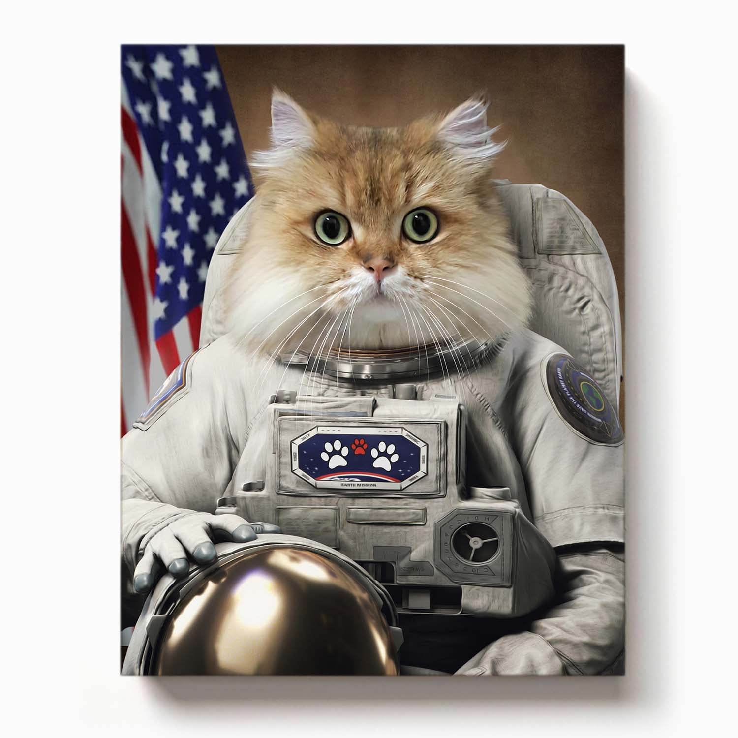 Fluffy cat dressed as an astronaut in a white space suit with a helmet in paw and an American flag in the background

