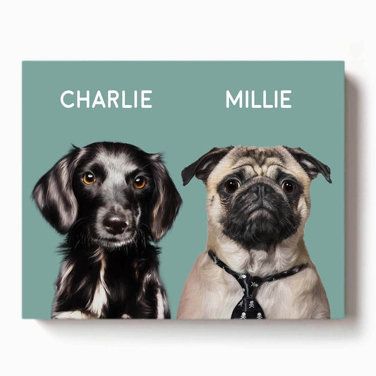Illustrated portrait of two dogs named Charlie and Millie against a green background, with Millie wearing a skull-print tie