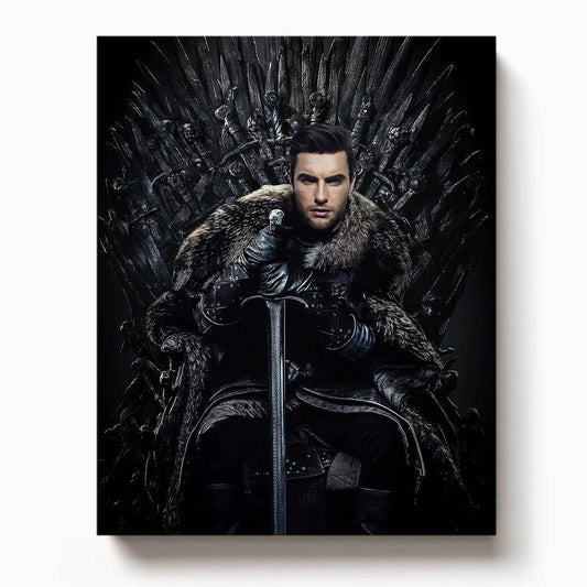 Man dressed in medieval warrior attire sitting on the Iron Throne with sword, Game of Thrones inspired custom portrait