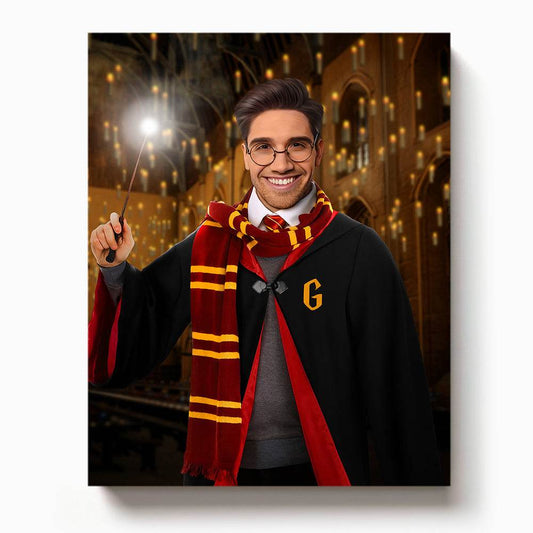 A man in Gryffindor robes holding a glowing wand in a floating candle-lit hall, inspired by Hogwarts

