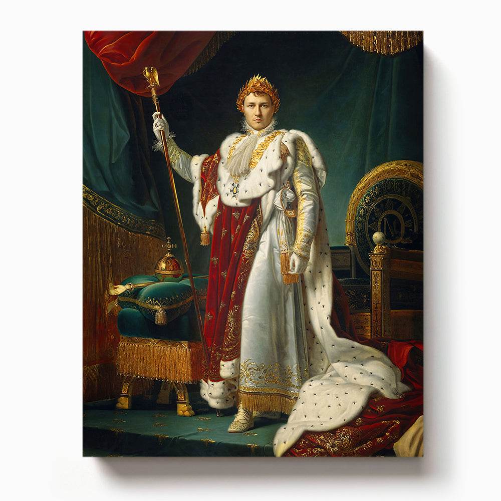 Personalized royal portrait of a man styled as Napoleon, dressed in imperial robes with a crown and scepter

