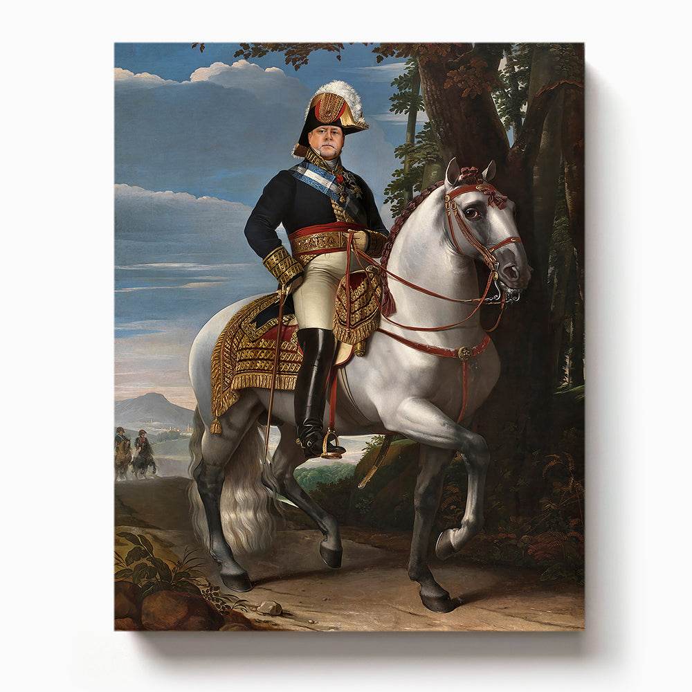 Man in Napoleonic-era military uniform riding a white horse through a forested landscape


