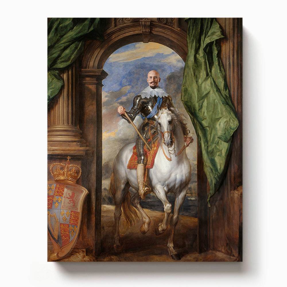 Personalized royal portrait of a man in shining armor riding a white horse, framed by a classical arch with green drapery and crest

