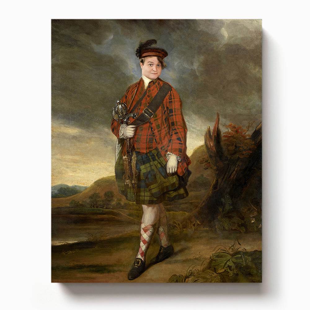 Man dressed as a traditional Scottish Highlander in red tartan kilt and feathered bonnet standing in a countryside landscape

