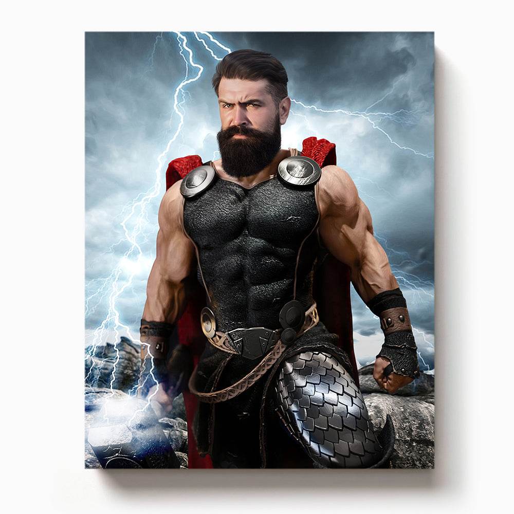 Custom superhero portrait of a muscular man dressed as Thor with a red cape, lightning in the background, and a powerful stance

