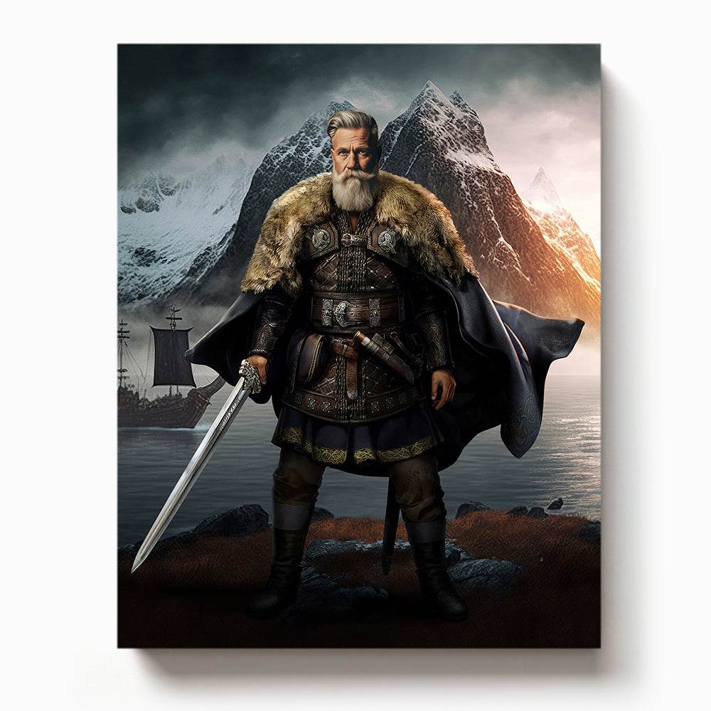 Elderly man dressed as a fierce Viking warrior holding a sword with fur cloak and battle armor in a Nordic mountain and sea background

