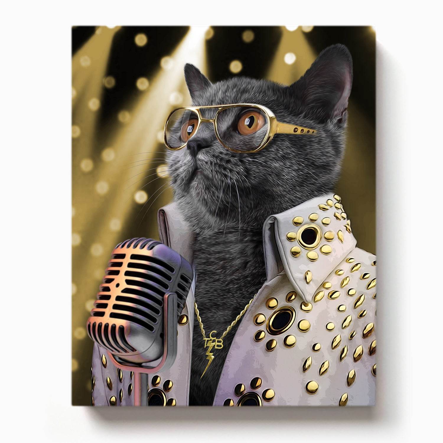  Cat dressed as Elvis Presley with gold-studded outfit, vintage microphone, and spotlight background