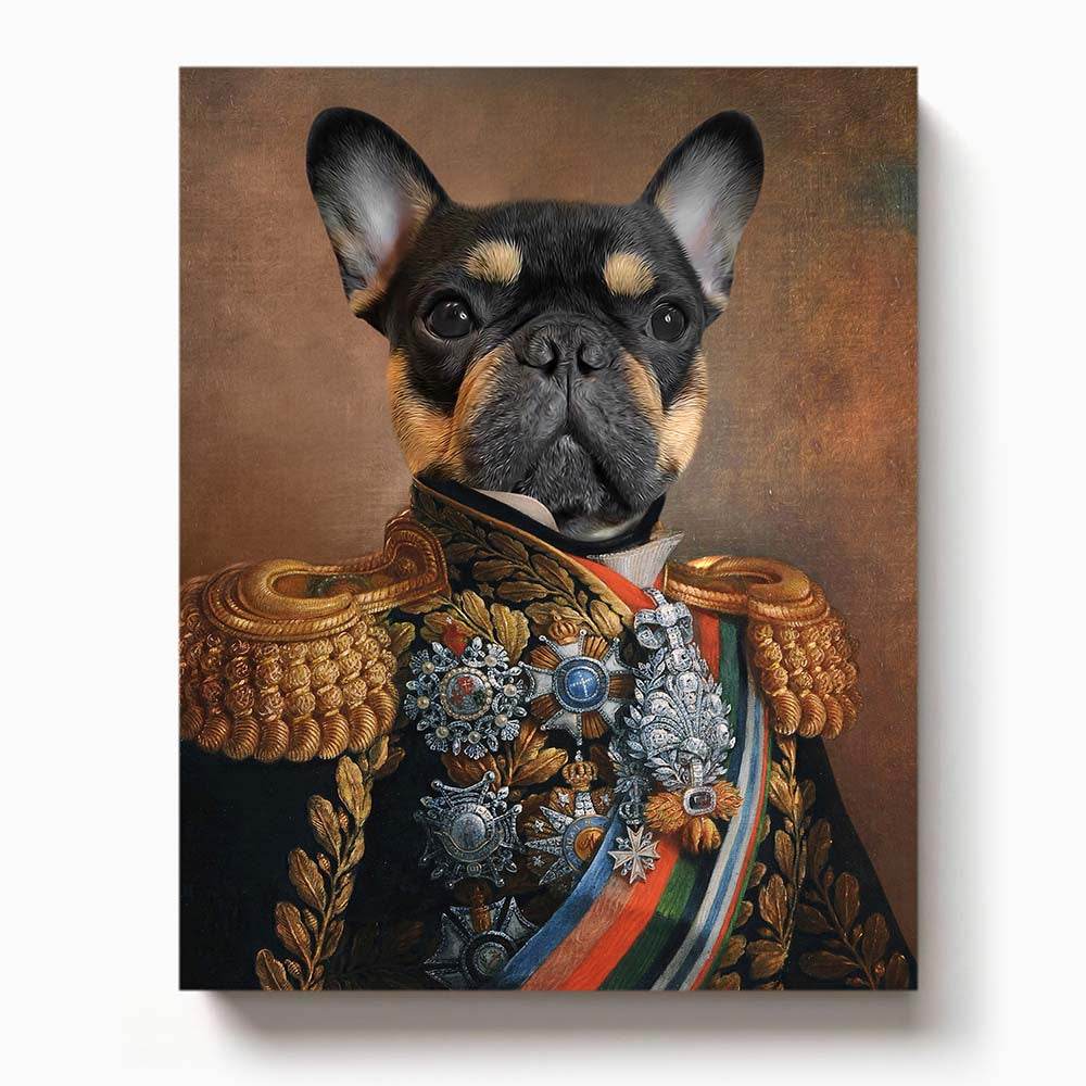 French Bulldog wearing an ornate military general uniform with medals and epaulettes in a regal pet portrait

