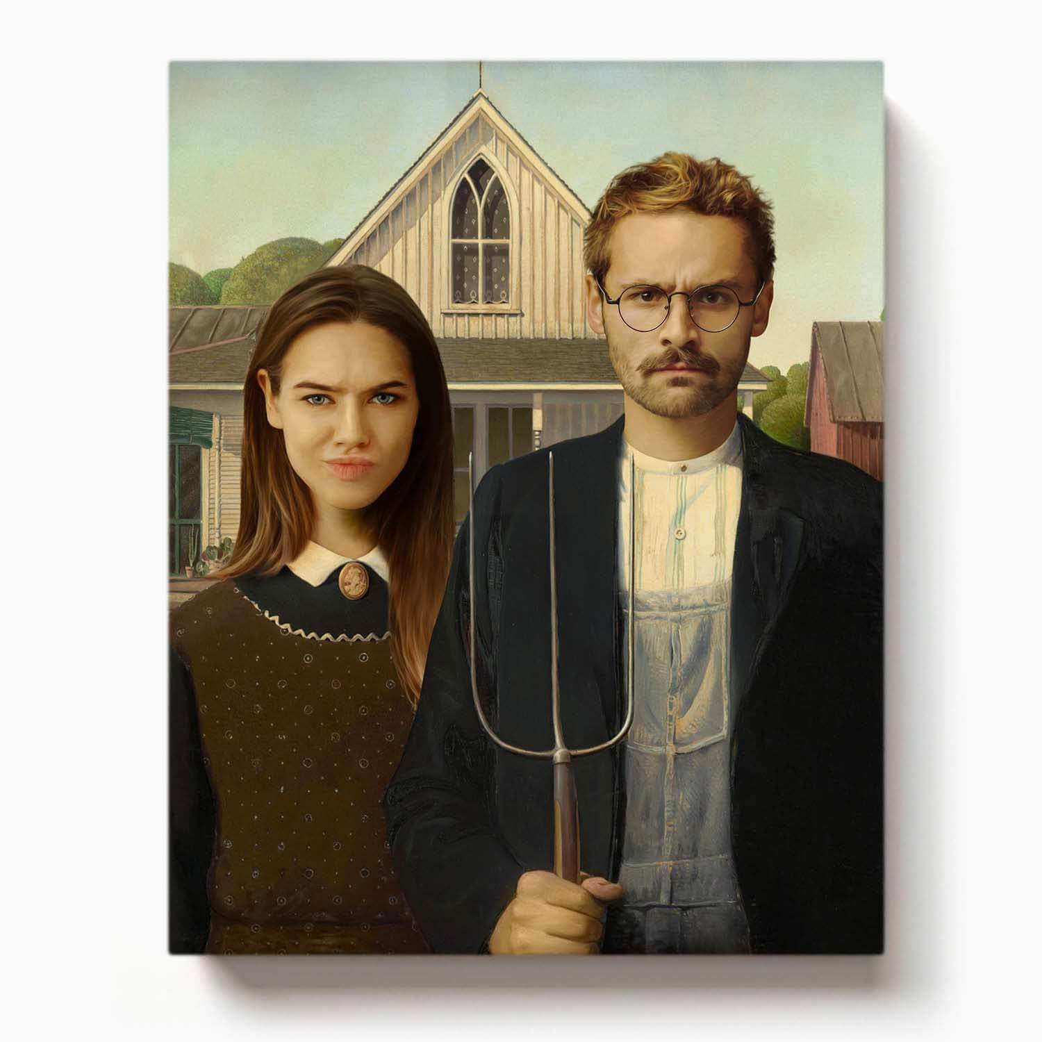 Humorous couple posing in a parody of American Gothic painting with serious expressions, standing in front of a farmhouse holding a pitchfork


