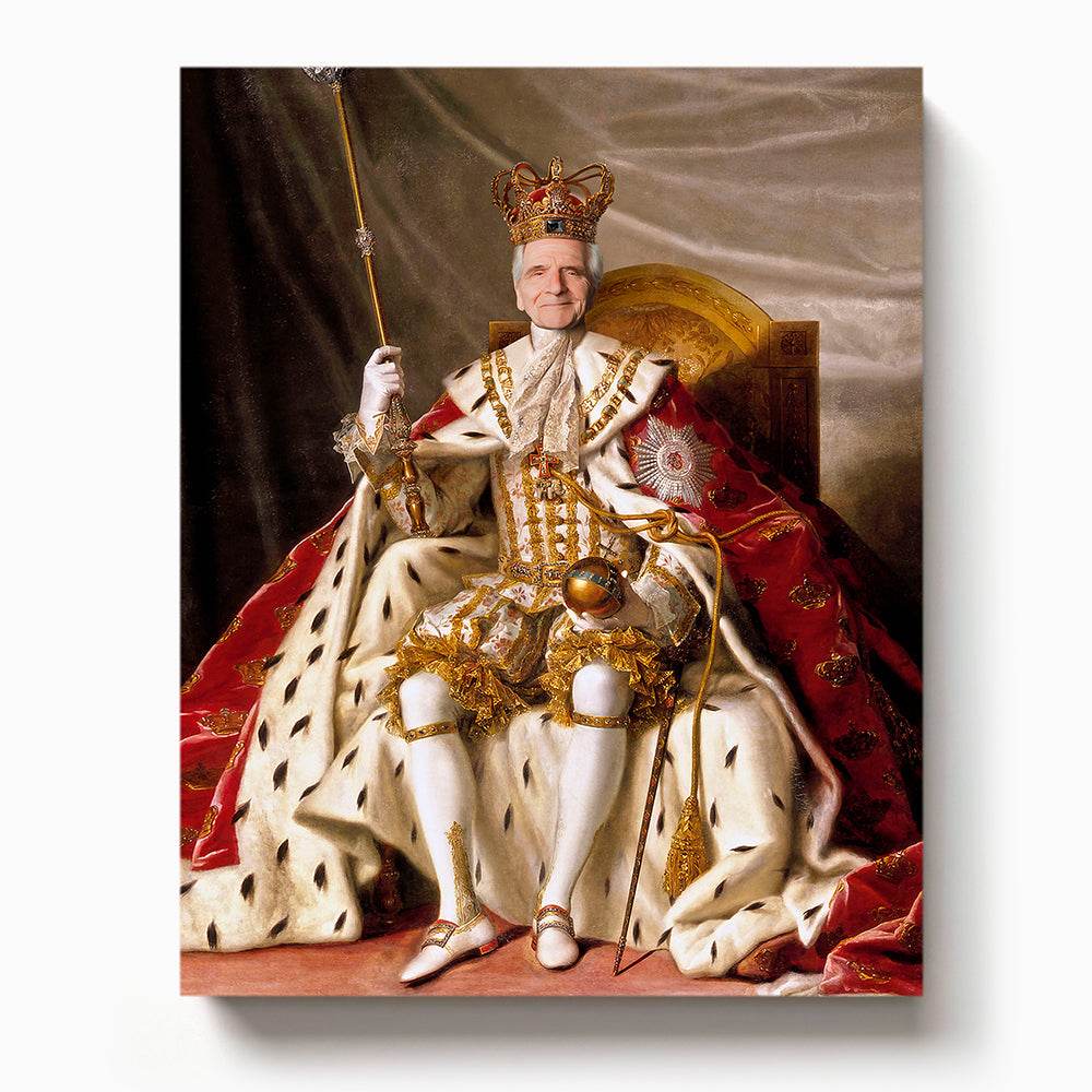 Custom king portrait of an older man seated on a throne wearing royal robes, crown, and holding a scepter and orb


