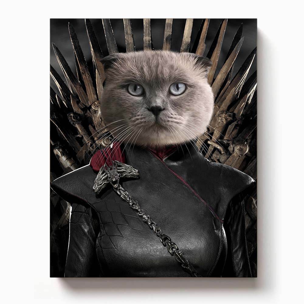 Grey cat with intense eyes dressed in dark fantasy armor, sitting on the Iron Throne with a dragon-shaped brooch and a powerful regal expression