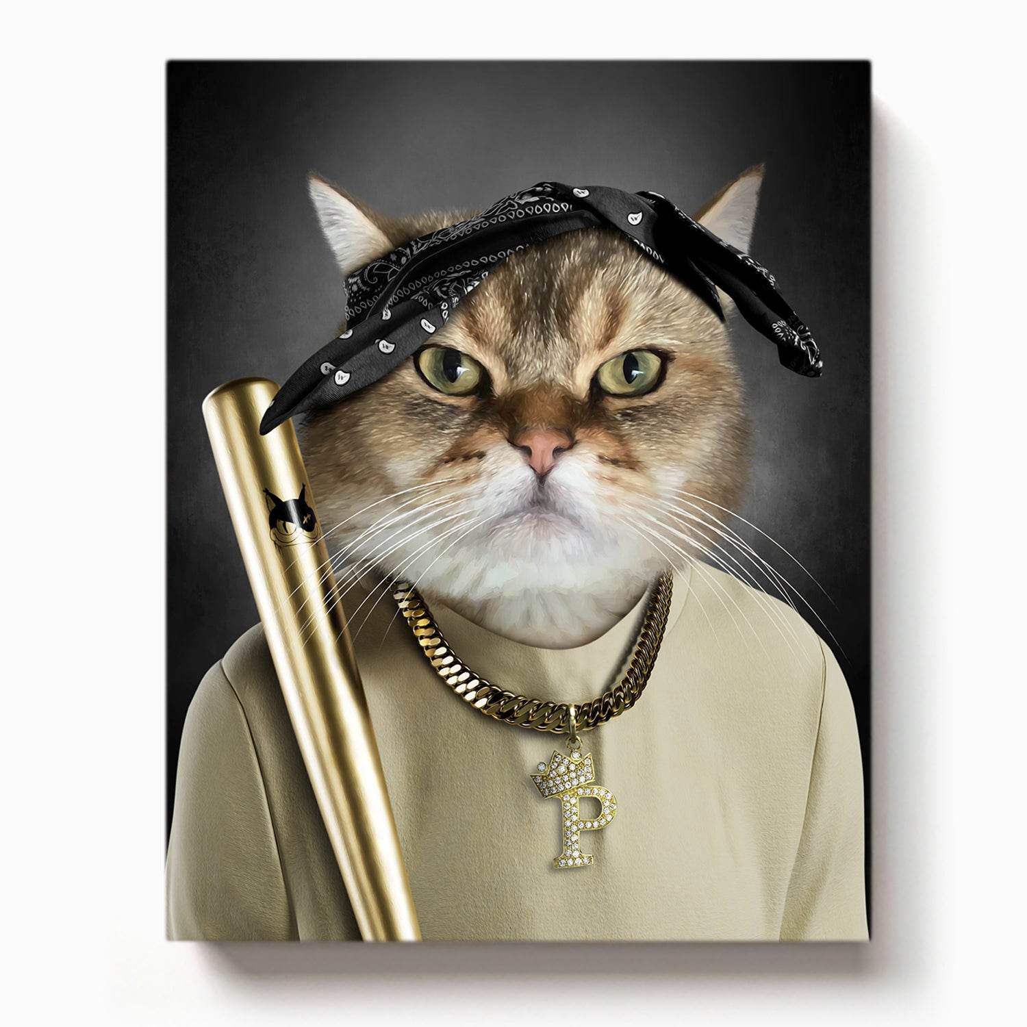 Fierce cat in street style with black bandana, gold chain, and golden bat in urban gangster look