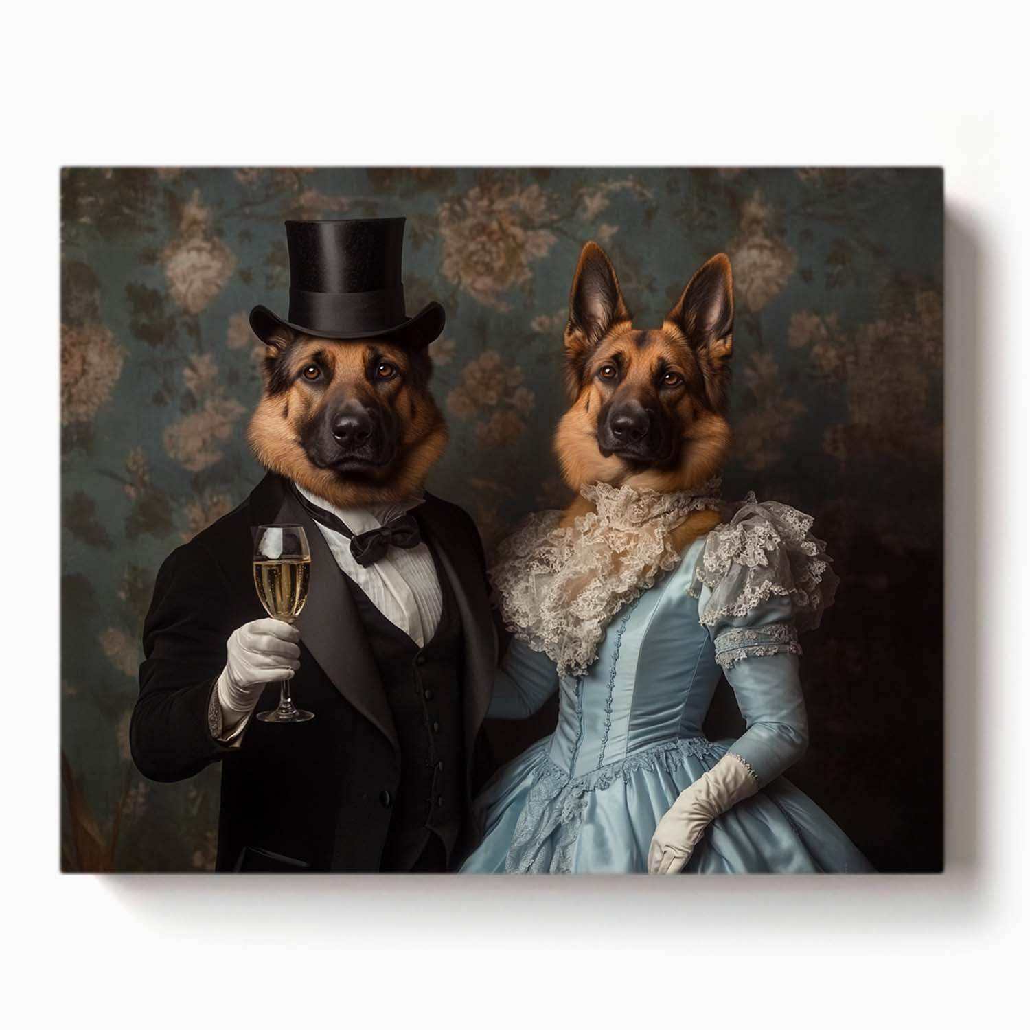german shepherd dog couple in formal victorian outfits with tuxedo and lace gown

