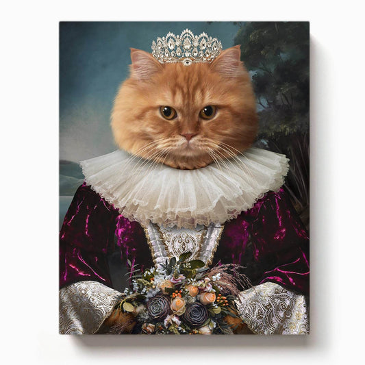 Ginger cat dressed as a renaissance queen with a jeweled crown, lace ruff collar, and holding a bouquet of flowers

