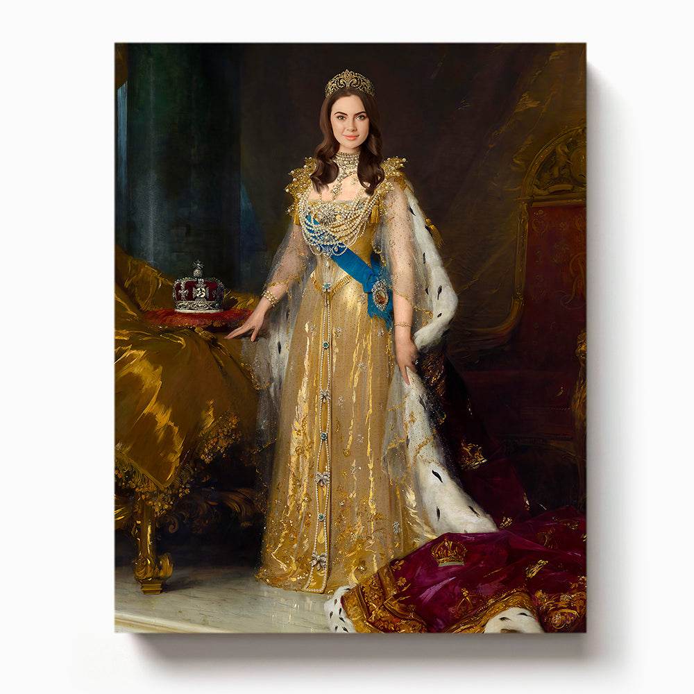 Queen in a shimmering golden gown and jeweled tiara, standing beside a crown in a royal chamber with rich decor

