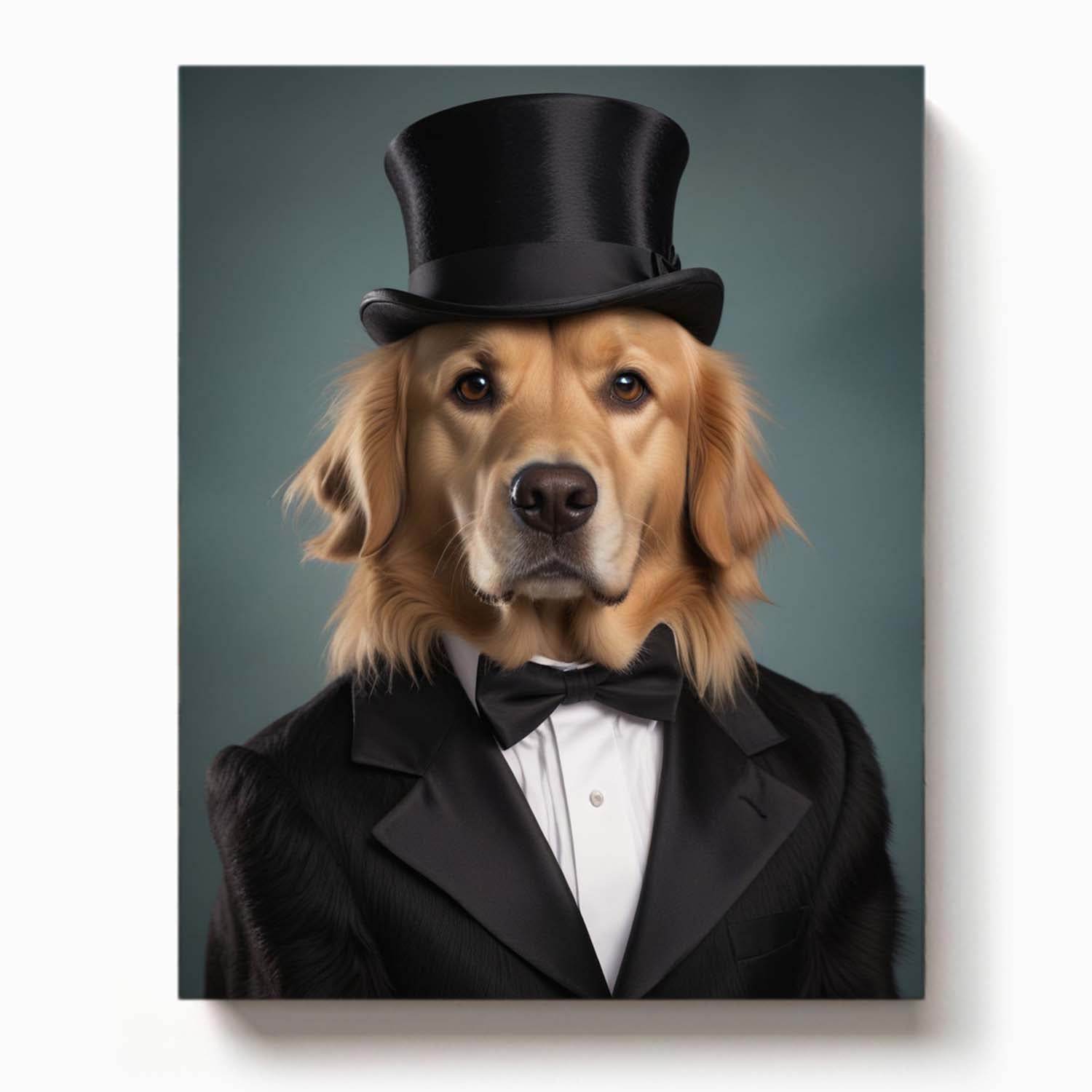 Golden Retriever in a black tuxedo and top hat posing formally against a neutral background