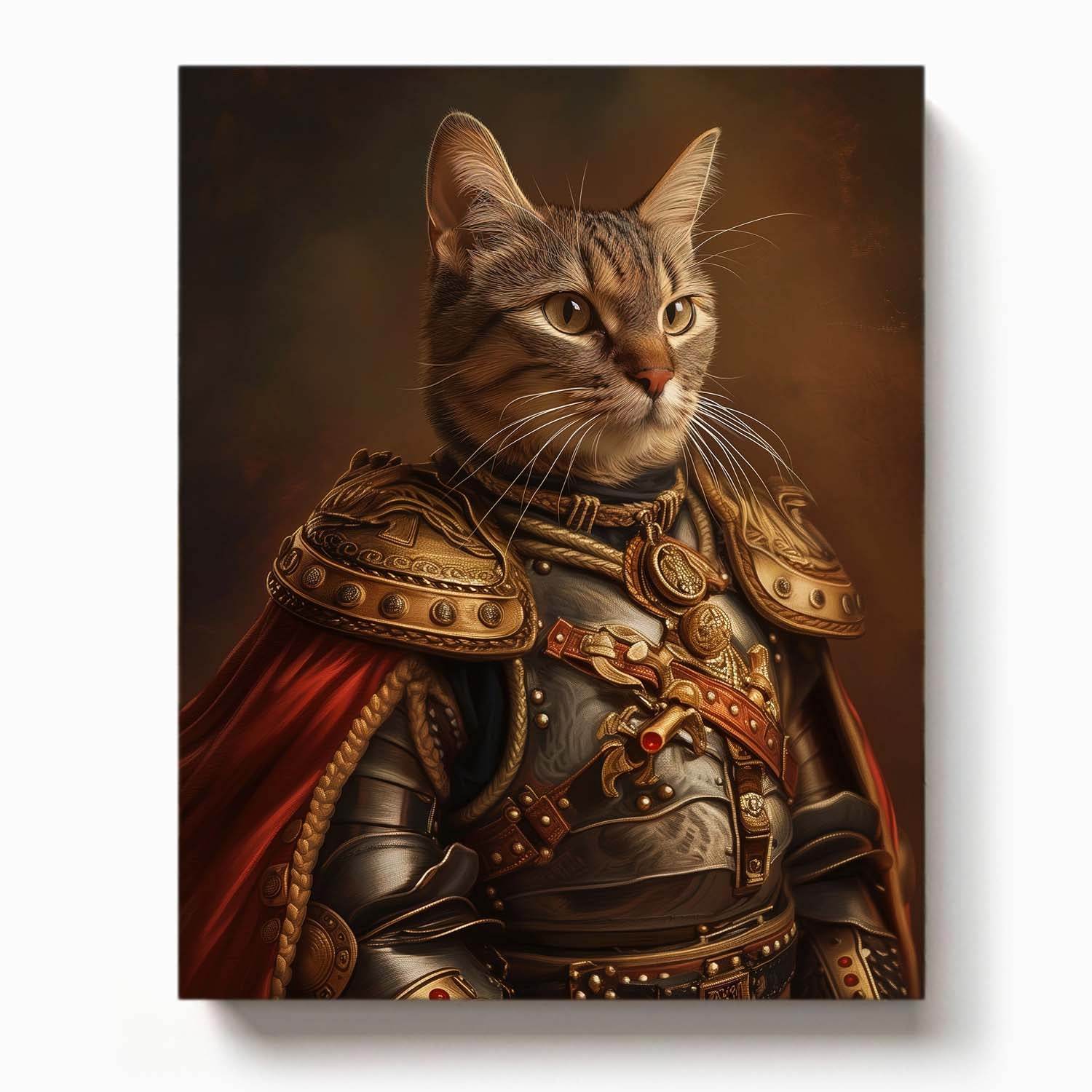 Tabby cat dressed as a medieval knight in ornate golden armor and a red cape