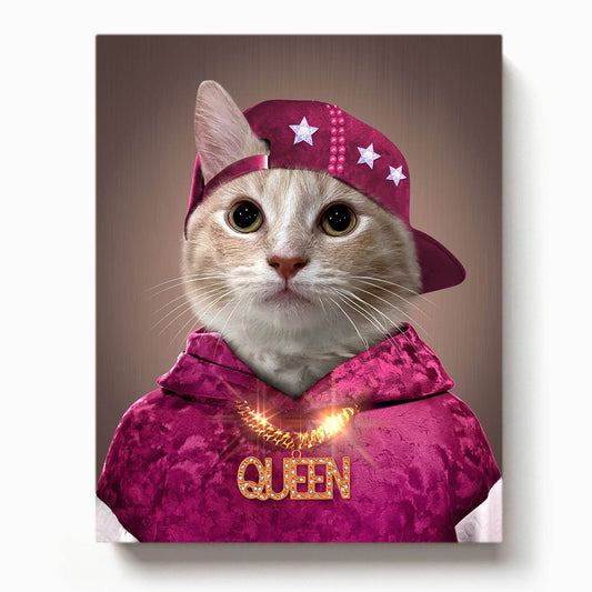 Stylish cat in a pink hoodie and sideways cap with star embellishments, wearing a sparkling gold chain that says QUEEN